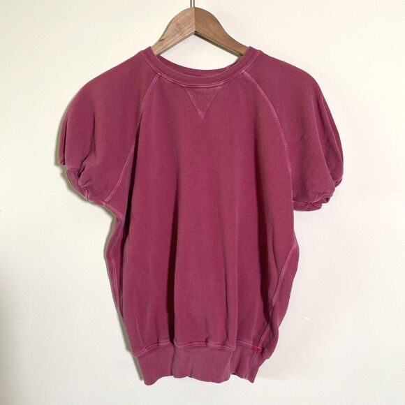 The Great Sweaters - The Great Women's Puff Sleeve Sweater XS Plum Short Sleeve Disstred Look Cotton